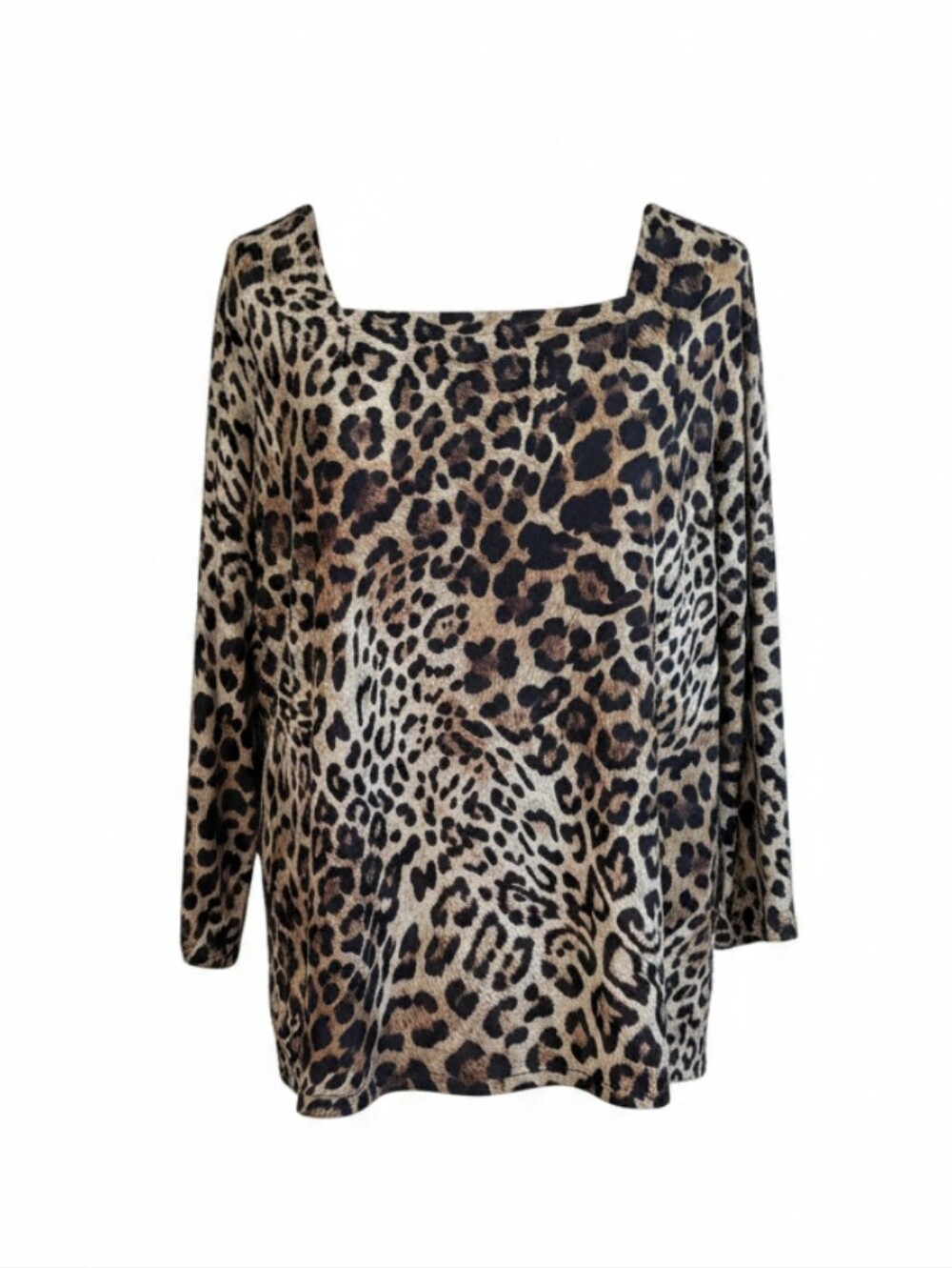Susan Graver Liquid Knit Leopard Print Square Neck Tunic Top 3/4 Sleeves sz XL